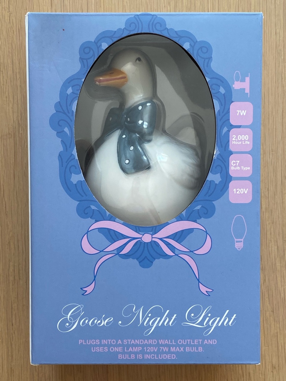 NEW Urban Outfitters Cottage Goose Ceramic Night Light White Blue Bow Polka Dots